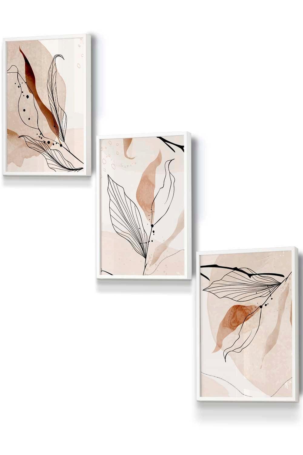 Set of 3 White Framed Graphical Line Art Autumn Leaves Wall Art
